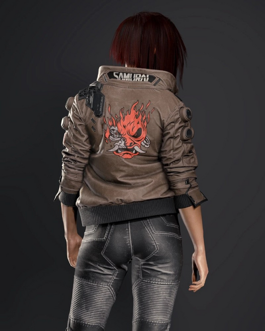 Cyberpunk 2077 Samurai Logo Distressed Brown Bomber Cosplay Leather Jacket for Women